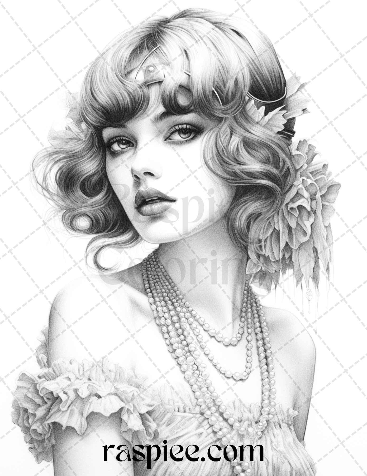 40 Beautiful Gatsby Girls Grayscale Coloring Pages Printable for Adults, PDF File Instant Download