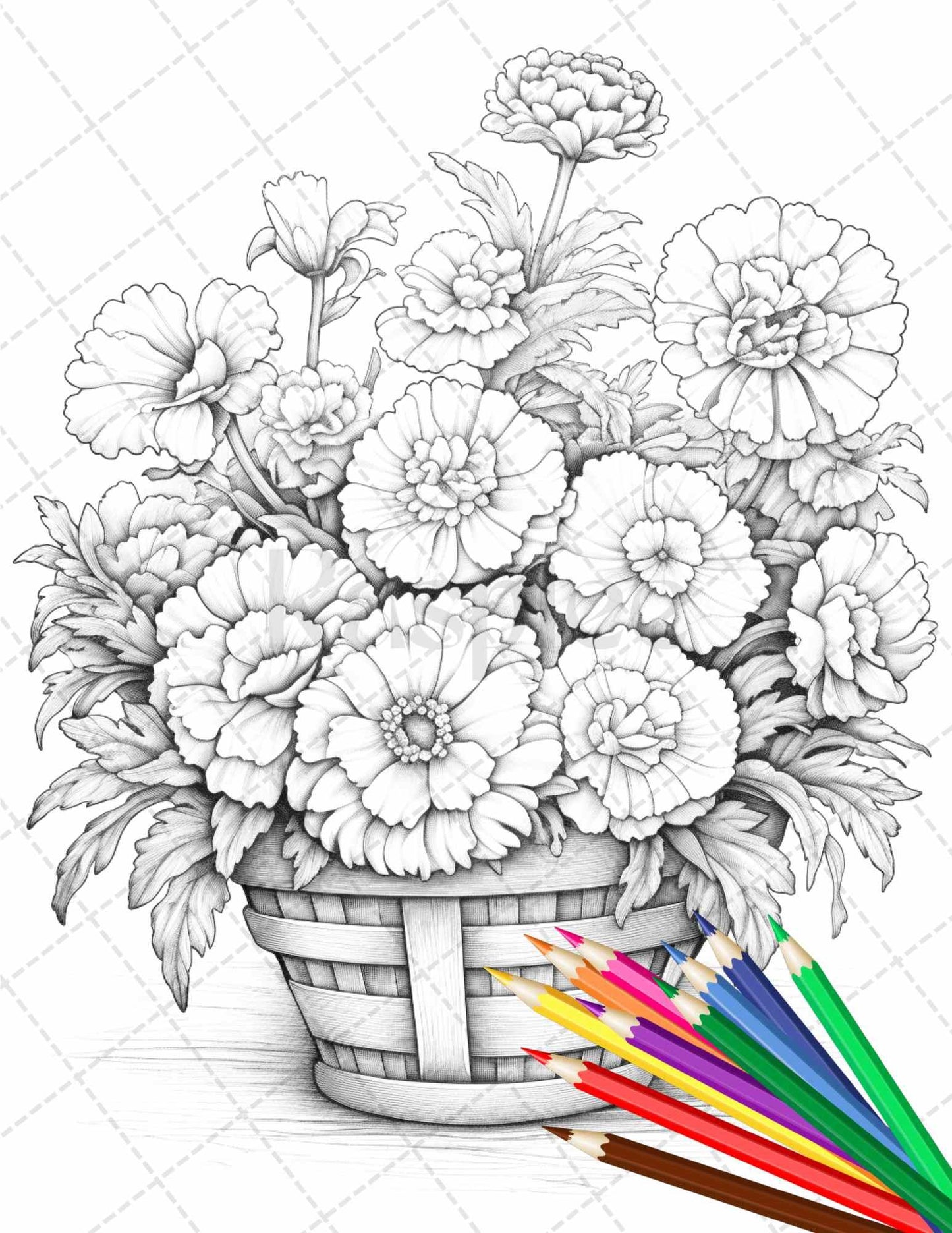 30 Flower Baskets Grayscale Coloring Pages for Adults, PDF File Instant Download