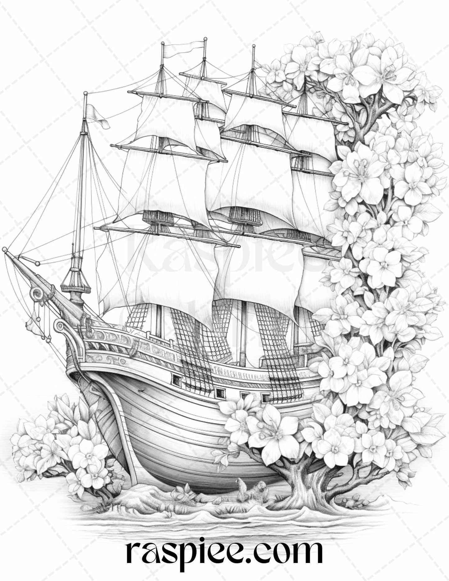 44 Flower Ships Graysale Coloring Pages Printable for Adults, PDF File Instant Download