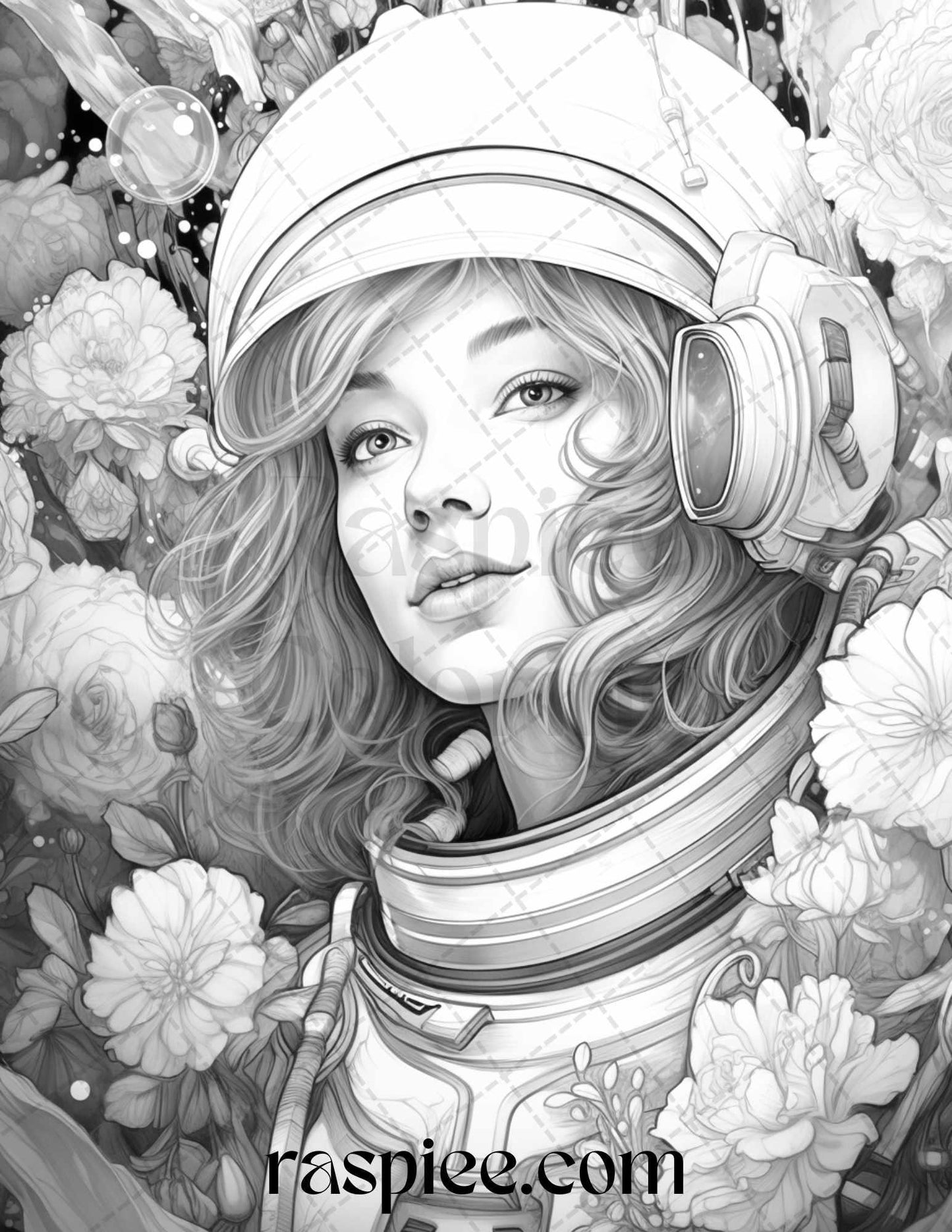 50 Astronaut Girl Portrait Grayscale Coloring Pages Printable for Adults, PDF File Instant Download