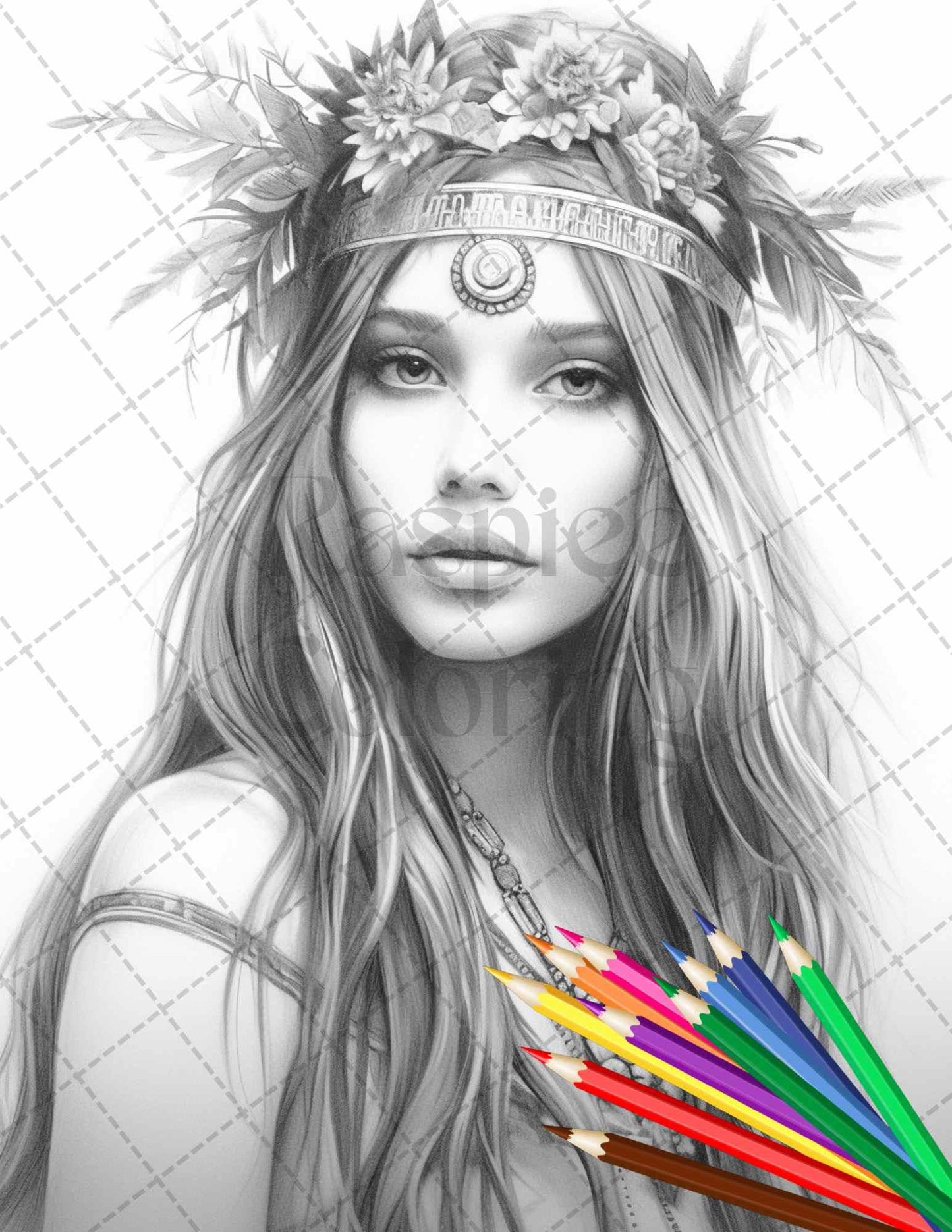 43 Beautiful Hippie Girls Grayscale Coloring Pages Printable for Adults, PDF File Instant Download