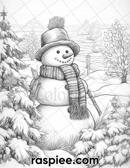 40 Chistmas Snowman Grayscale Coloring Pages for Adults, Printable PDF Instant Download