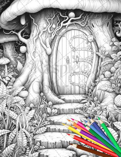 40 Magical Forest Gates Grayscale Coloring Pages Printable for Adults, PDF File Instant Download