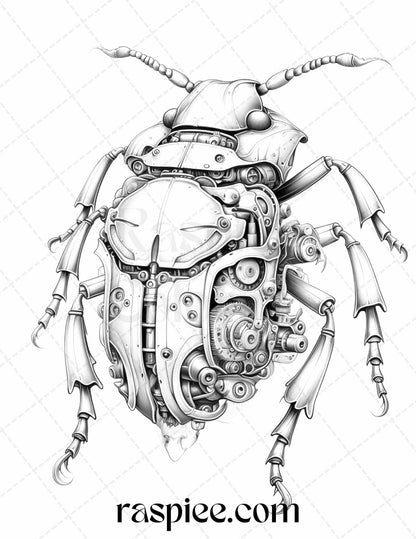 42 Steampunk Bugs Grayscale Coloring Pages Printable for Adults, PDF File Instant Download