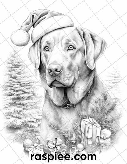 45 Christmas Dogs Grayscale Coloring Pages for Adults, Printable PDF Instant Download