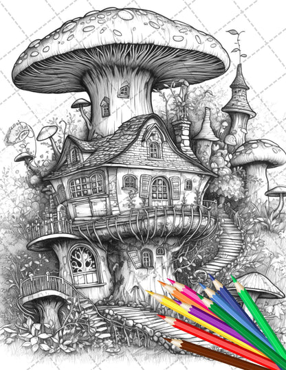 30 Fantasy Fairy Houses Coloring Page Book, Printable Adult Coloring Pages, Enchanted Fairy Home Grayscale Coloring Book, Printable PDF File