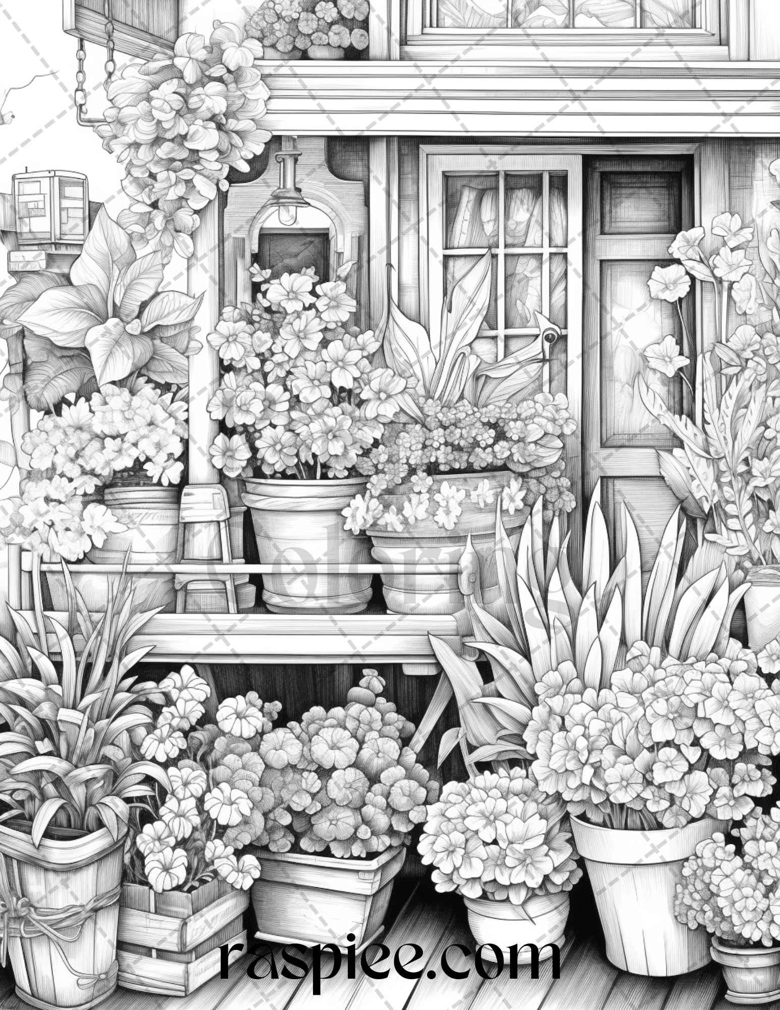 45 Flower Store Front Grayscale Coloring Pages Printable for Adults, PDF File Instant Download