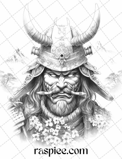 42 Japanese Samurai Grayscale Coloring Pages for Adults, Printable PDF File Instant Download