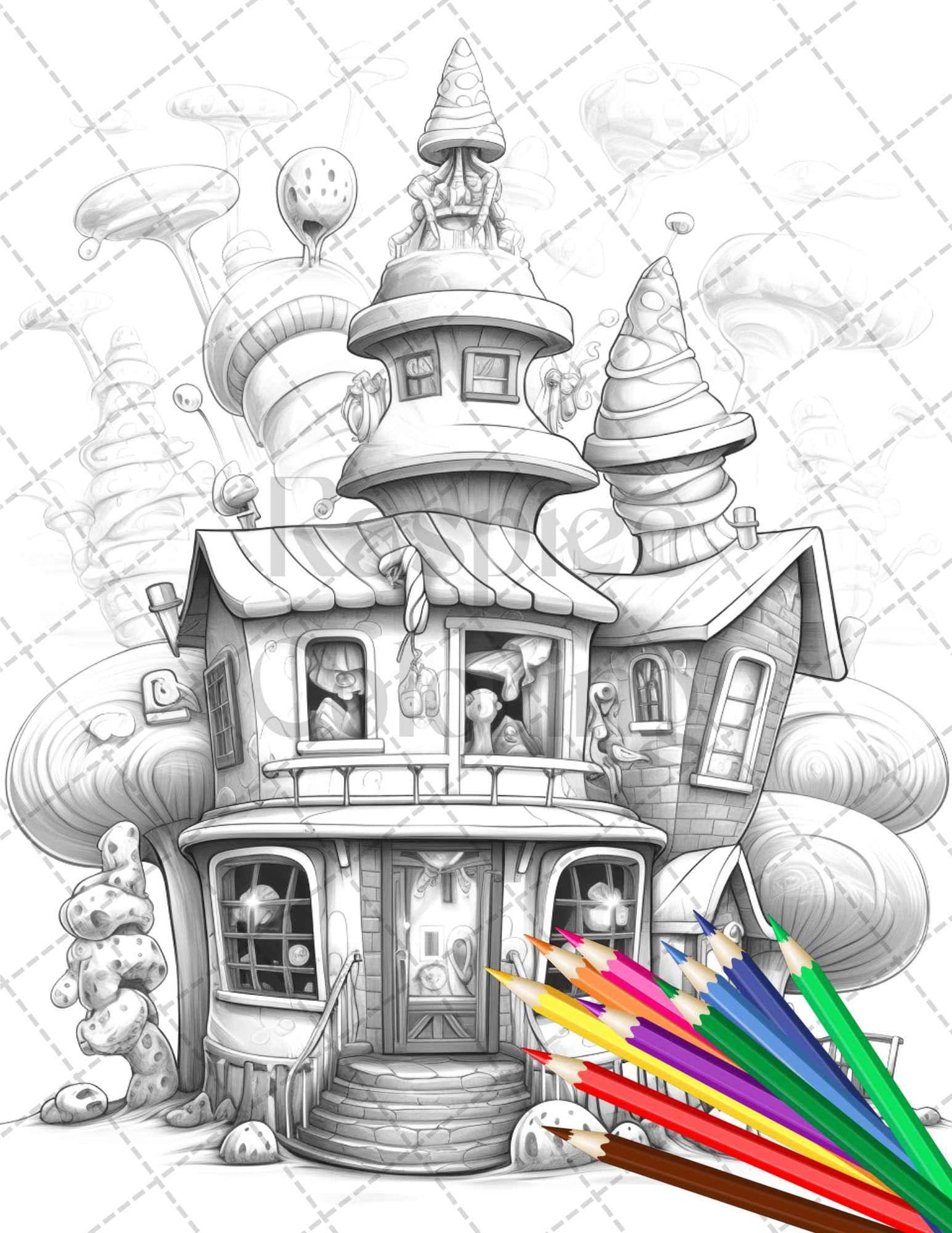 33 Ice Cream Houses Grayscale Coloring Pages Printable for Adults and Kids, PDF File Instant Download