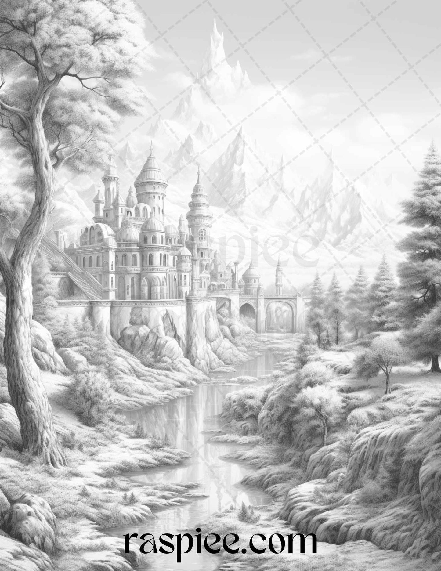 40 Fantasy Landscapes Grayscale Coloring Pages Printable for Adults, PDF File Instant Download