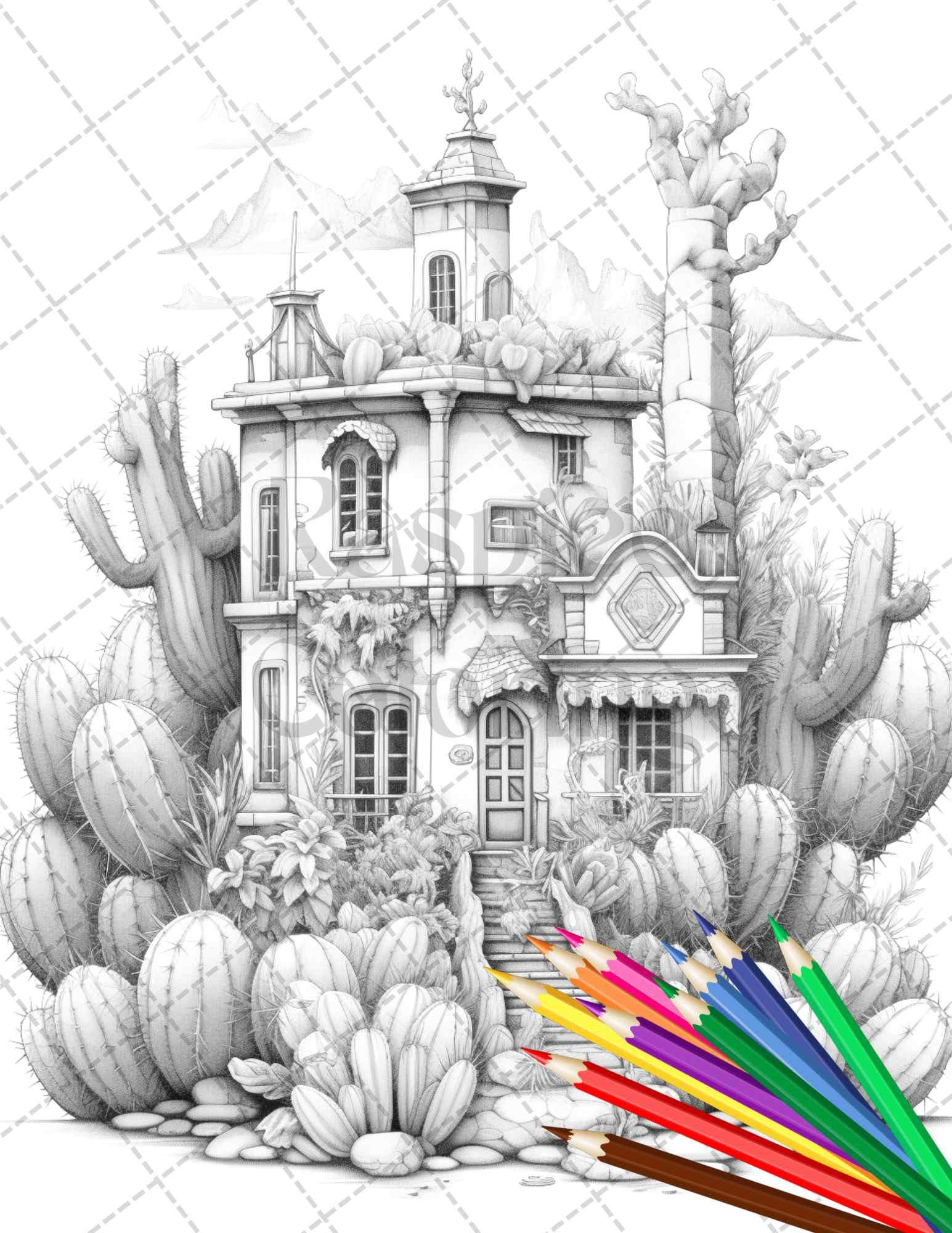 46 Fantasy Cactus Houses Grayscale Coloring Pages Printable for Adults, PDF File Instant Download