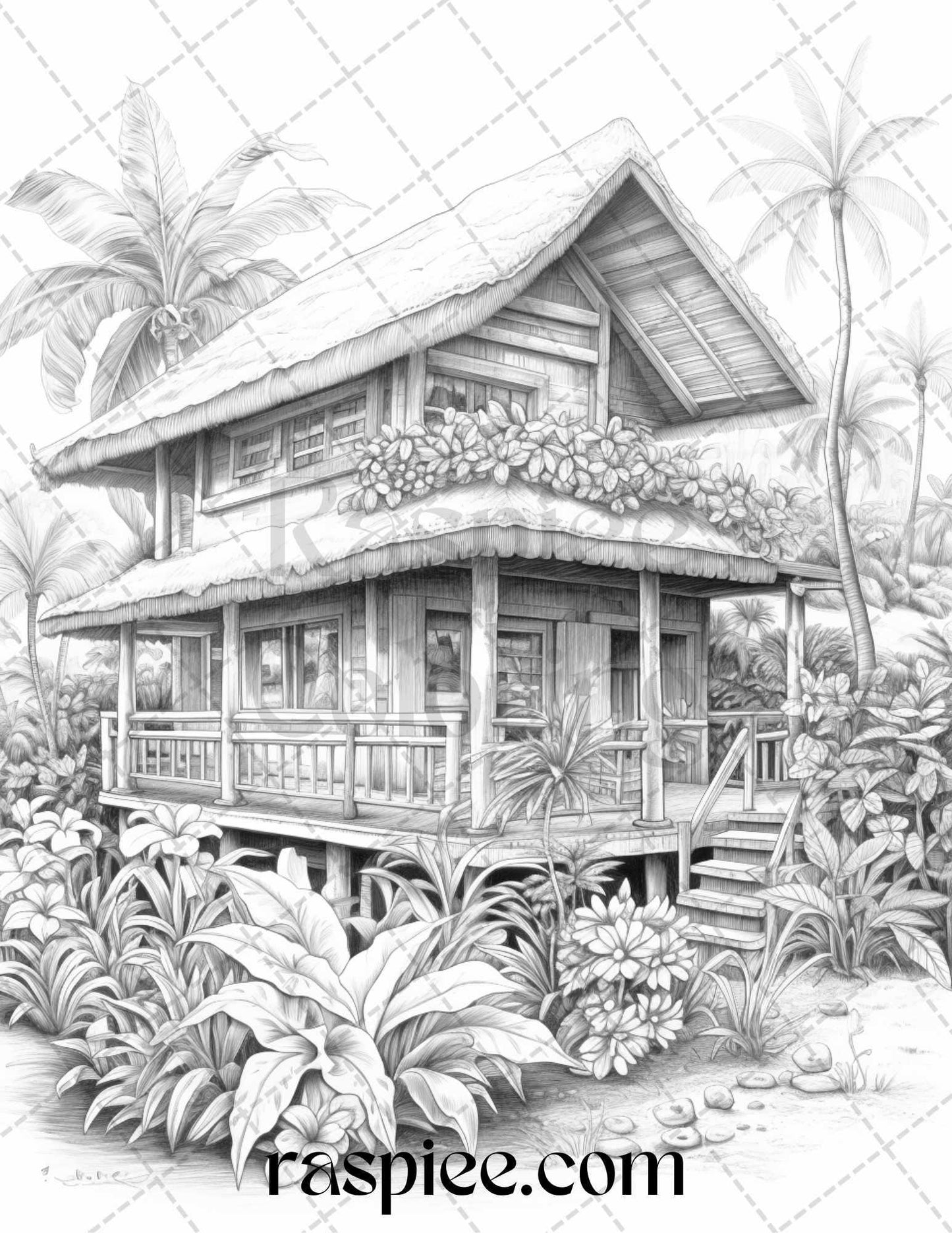 40 Hawaii Tiki Houses Grayscale Coloring Pages Printable for Adults, PDF File Instant Download