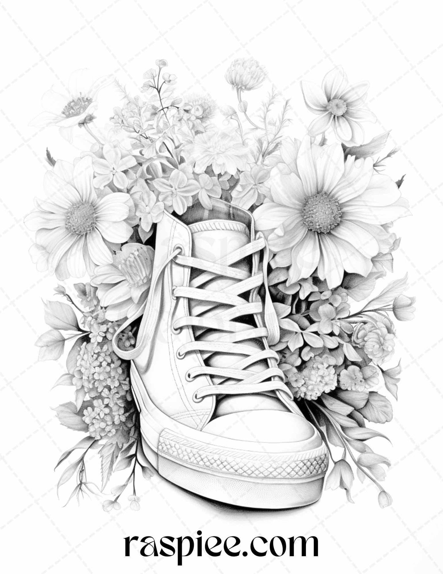 40 Flower Sneakers Grayscale Coloring Pages Printable for Adults, PDF File Instant Download