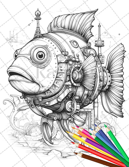 45 Steampunk Animals Grayscale Coloring Pages Printable for Adults Vol. 2, PDF File Instant Download