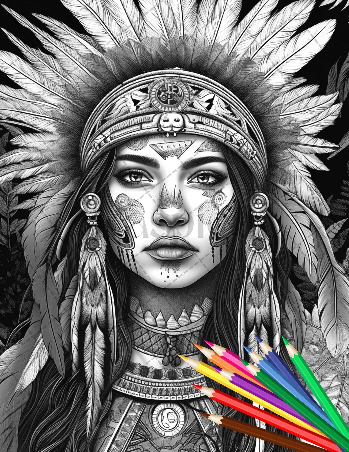 30 Native American Girls Printable Coloring Pages for Adult, Native American Culture Grayscale Coloring Book, Printable PDF File Download