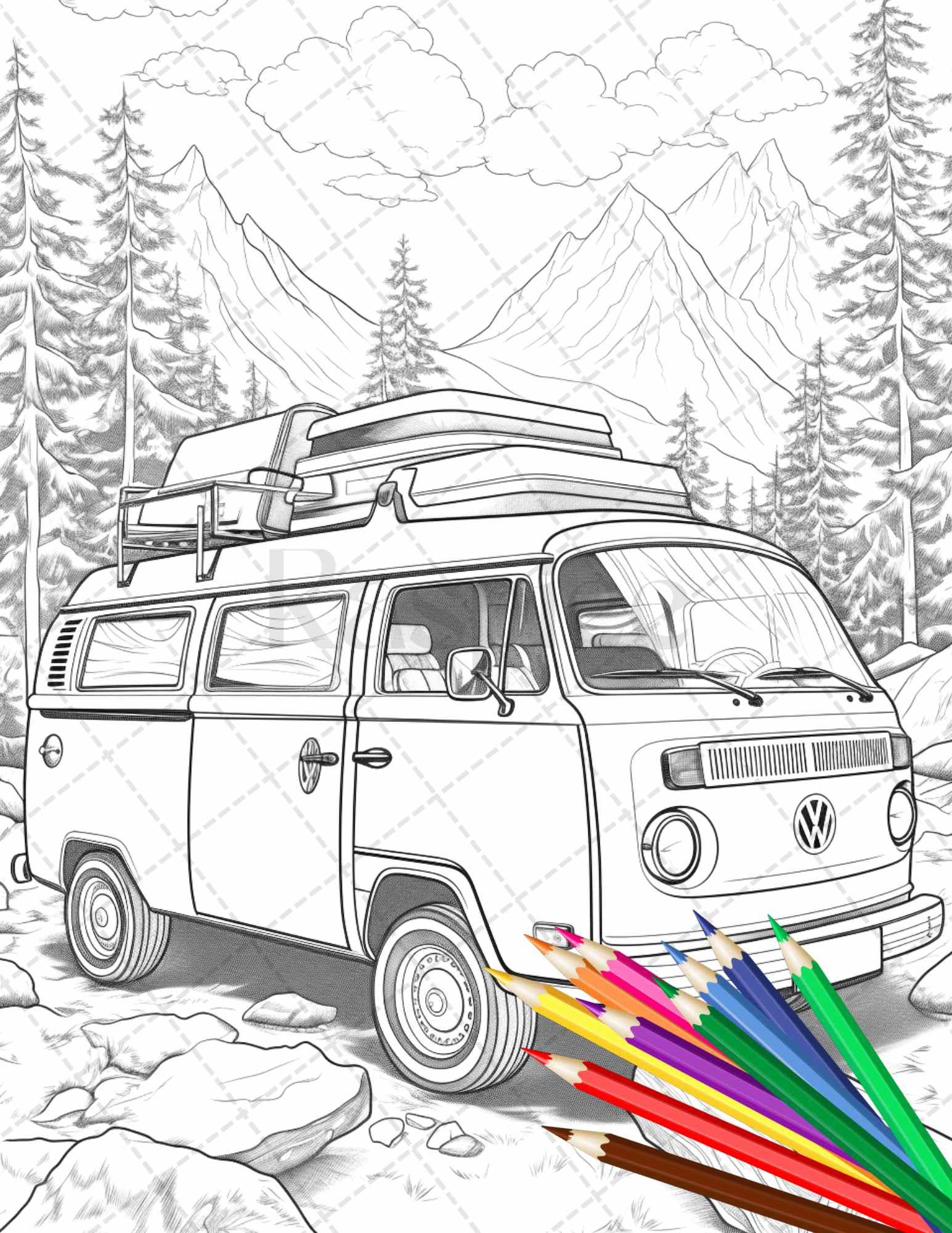 30 Campervan Adventure Grayscale Coloring Pages Printable for Adults, PDF File Instant Download