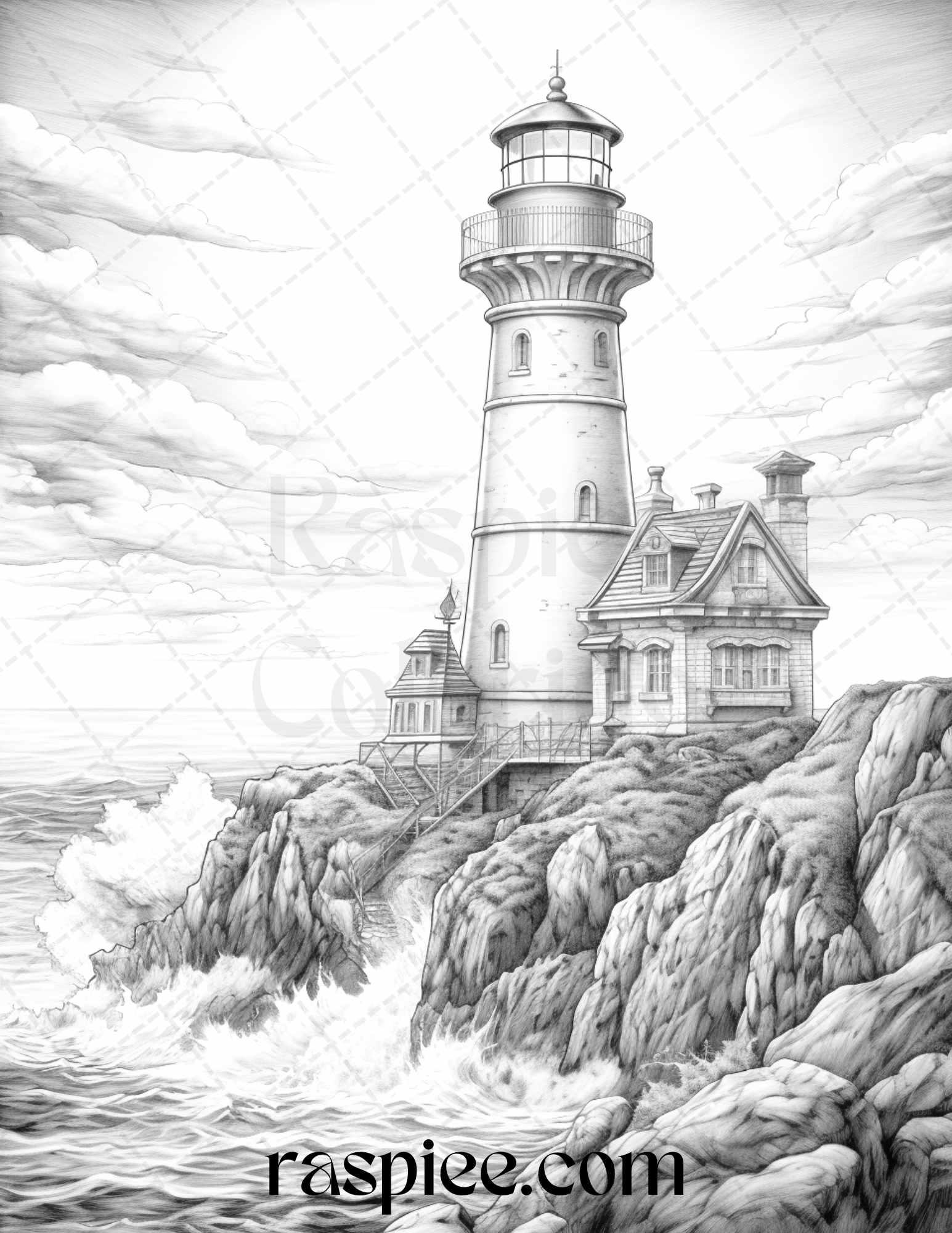 40 Majestic Lighthouses Grayscale Coloring Pages Printable for Adults, PDF File Instant Download