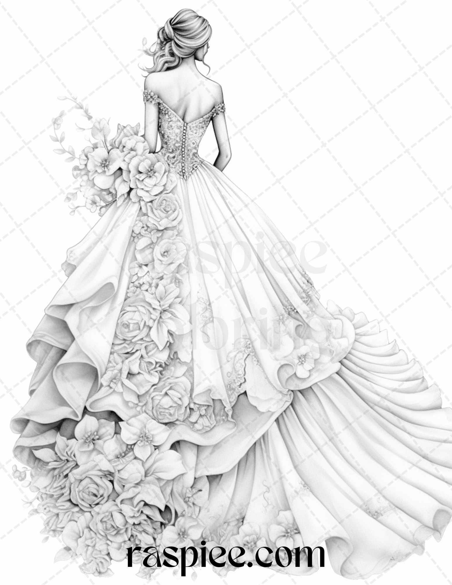 40 Elegant Floral Wedding Dresses Grayscale Coloring Pages Printable for Adults, PDF File Instant Download