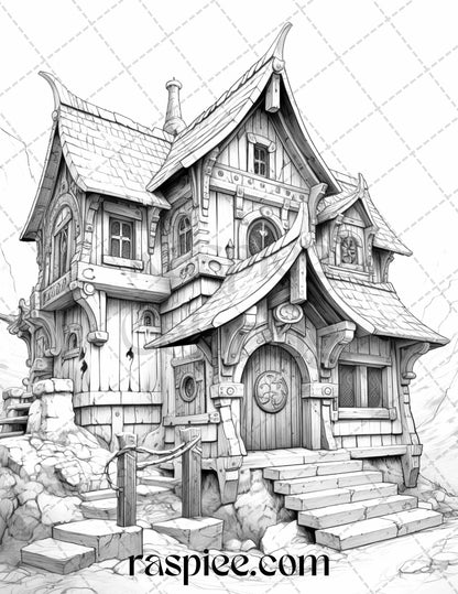 40 Viking Houses Grayscale Coloring Pages Printable for Adults, PDF File Instant Download