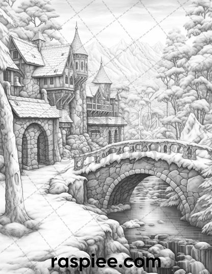 40 Fantasy Winter Village Grayscale Coloring Pages for Adults, PDF File Instant Download