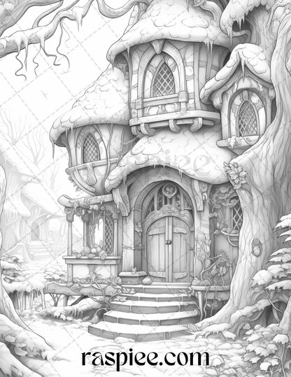 42 Fantasy Christmas Houses Grayscale Coloring Pages Printable for Adults, PDF File Instant Download