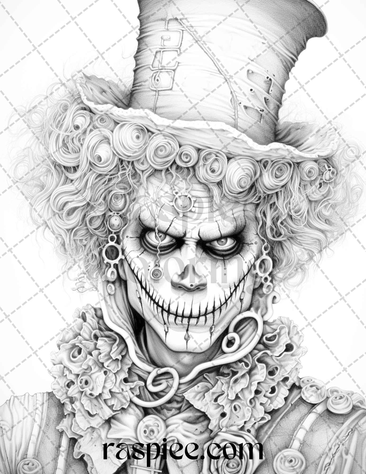 40 Spooky Clowns Grayscale Coloring Pages Printable for Adults, PDF File Instant Download