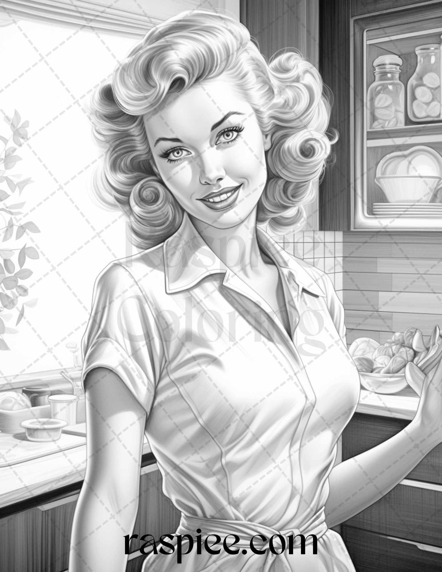 40 Retro Housewives Grayscale Coloring Pages for Adults, Printable PDF File Instant Download