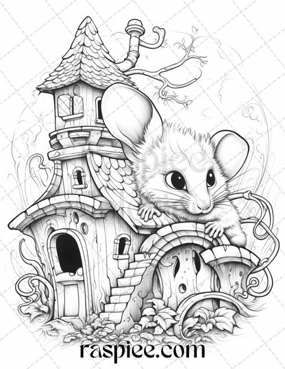 40 Magical Mouse Houses Grayscale Coloring Pages Printable for Adults, PDF File Instant Download