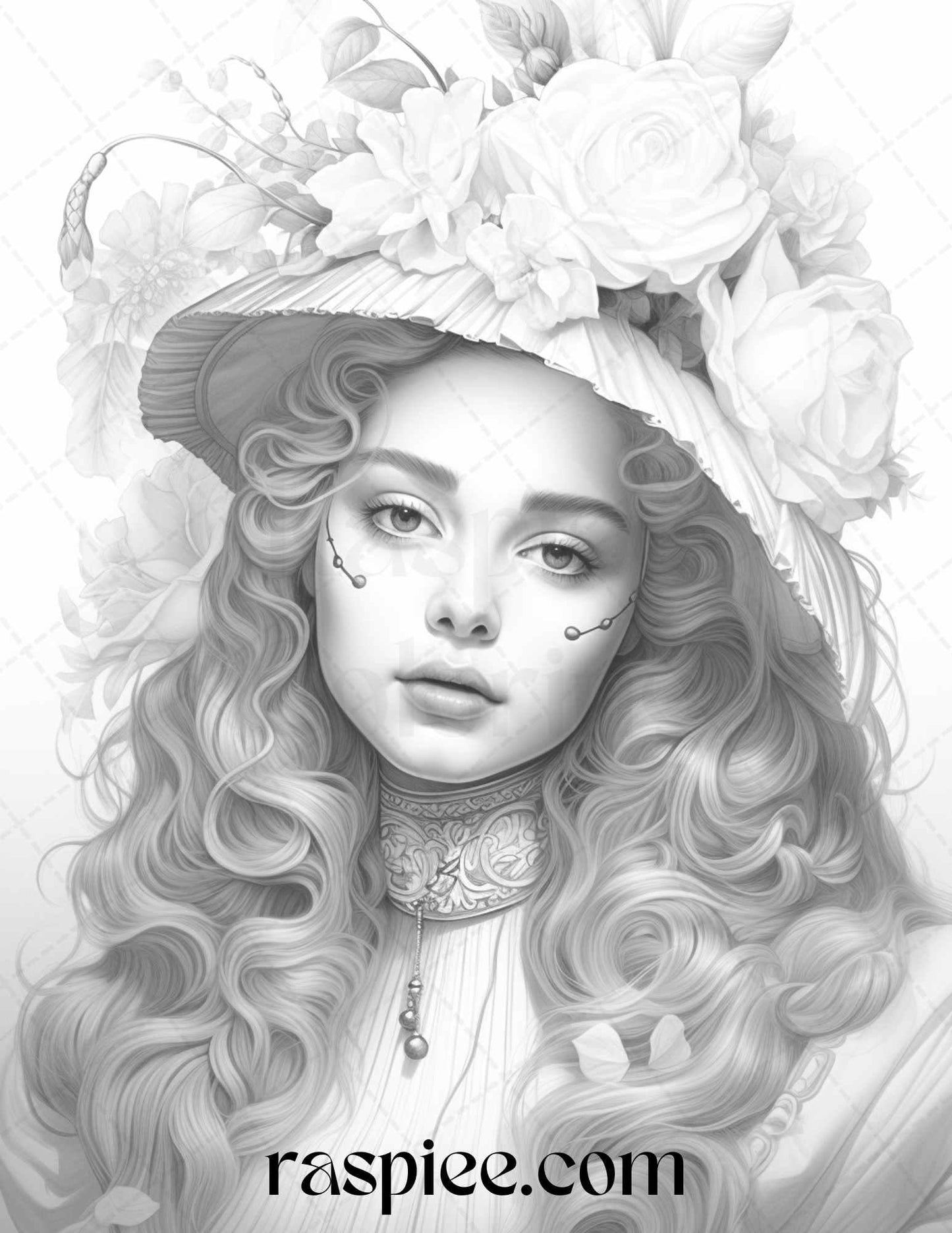 40 Baroque Women Portrait Grayscale Adult Coloring Pages Printable, PDF File Instant Download