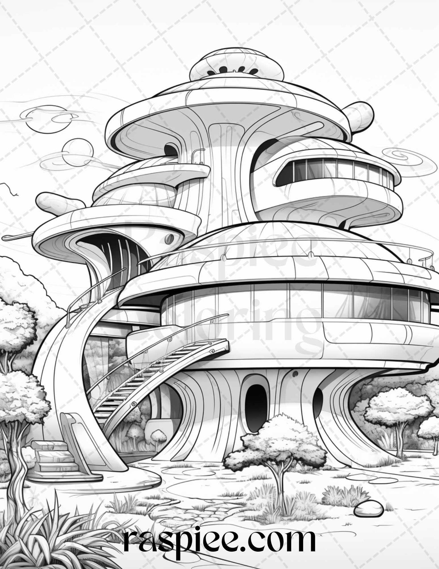 43 Futuristic Houses Grayscale Coloring Pages Printable for Adults, PDF File Instant Download