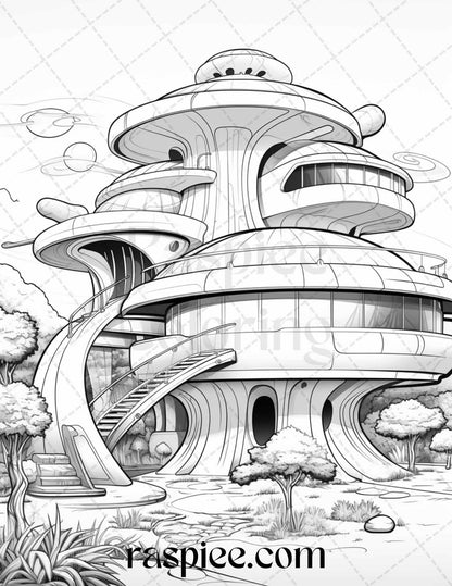 43 Futuristic Houses Grayscale Coloring Pages Printable for Adults, PDF File Instant Download