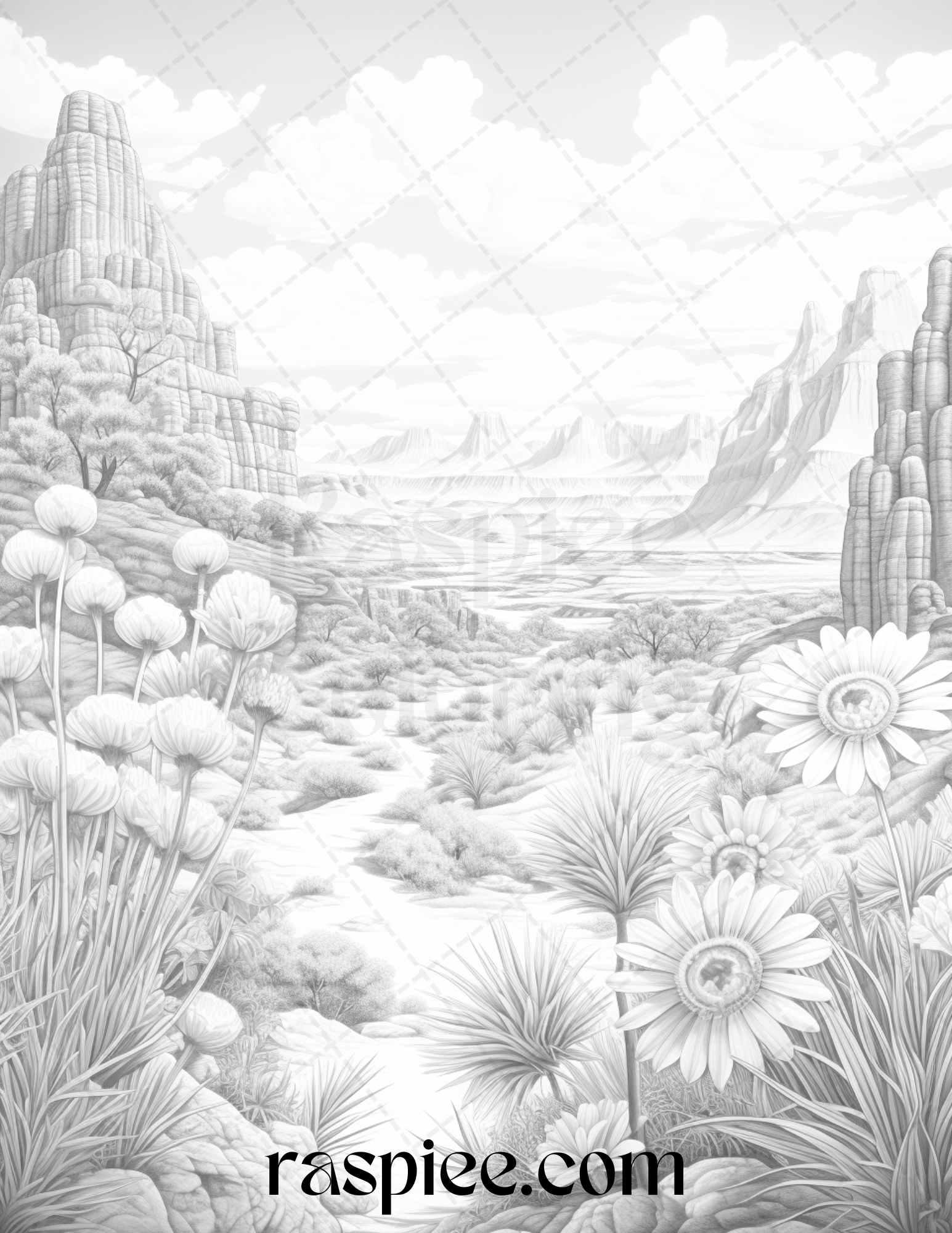 40 Desert Landscapes Grayscale Coloring Pages Printable for Adults, PDF File Instant Download