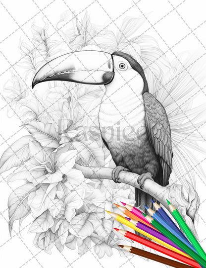 31 Tropical Birds Coloring Book for Adults, Grayscale Coloring Page, Printable PDF Instant Download