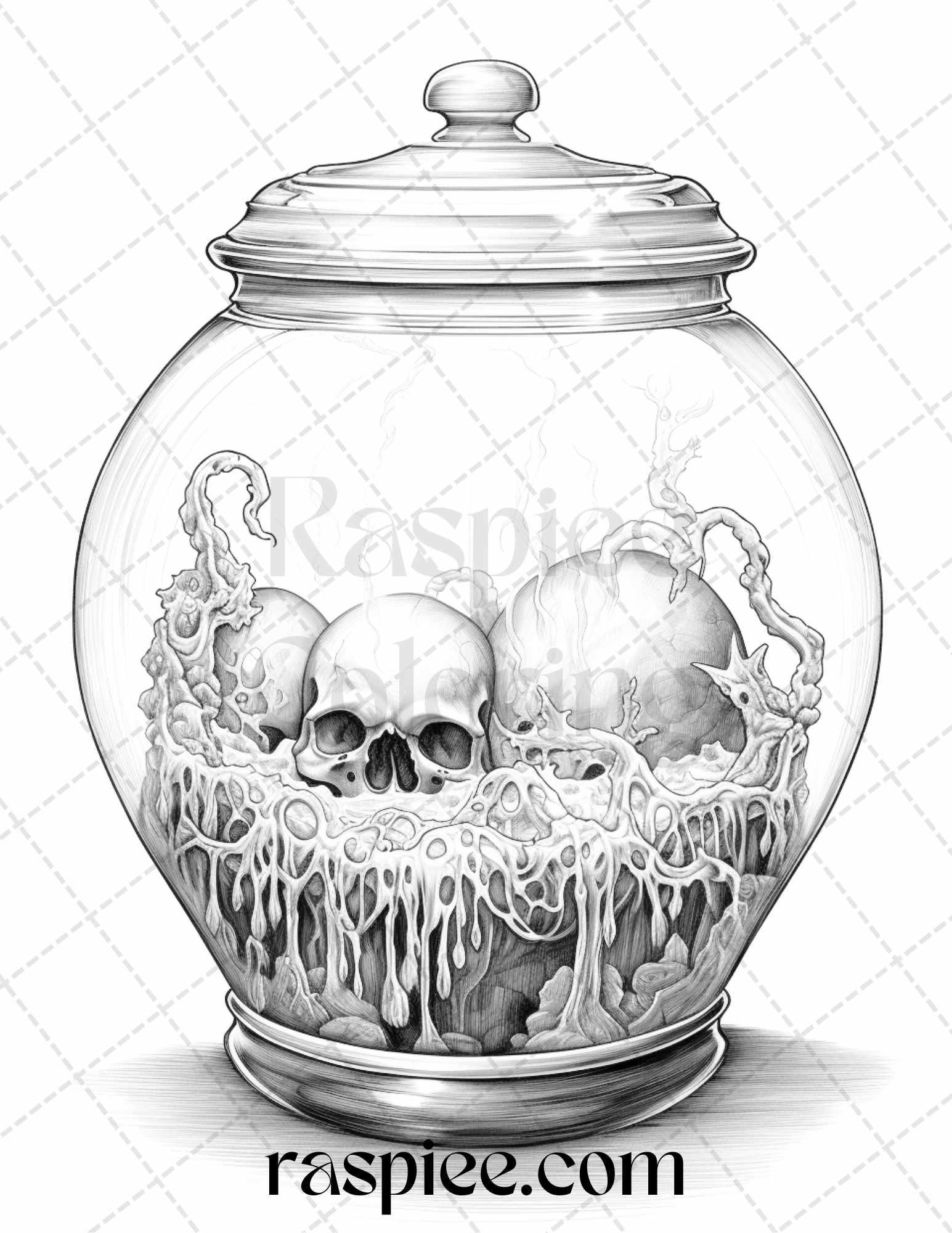 40 Halloween in Jar Grayscale Coloring Pages for Adults, Printable PDF File Instant Download