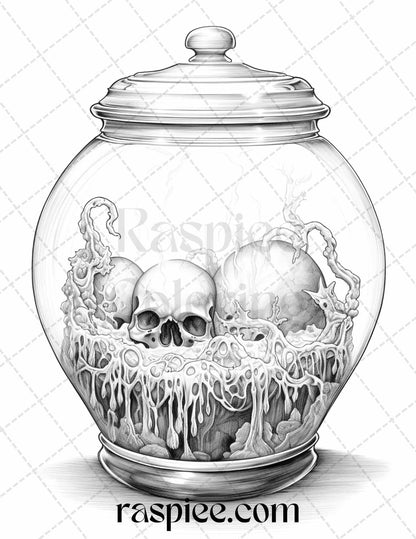 40 Halloween in Jar Grayscale Coloring Pages for Adults, Printable PDF File Instant Download