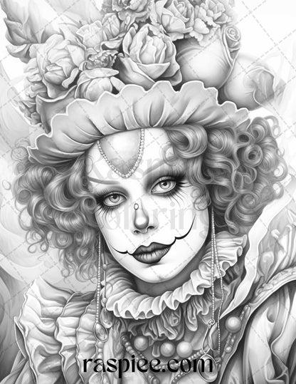 42 Beautiful Clown Girls Grayscale Coloring Pages Printable for Adults, PDF File Instant Download