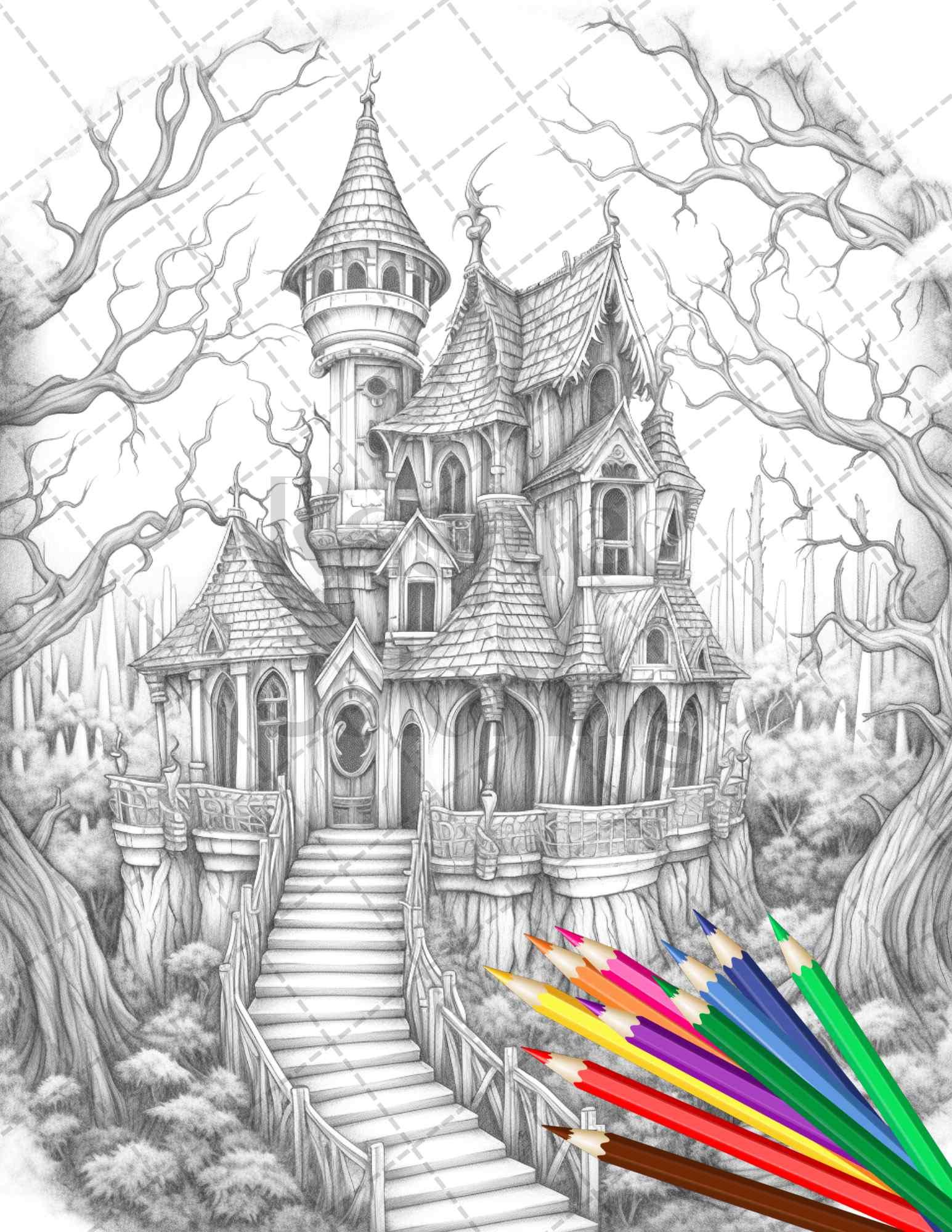 40 Creepy Gothic Houses Grayscale Coloring Pages Printable for Adults, PDF File Instant Download