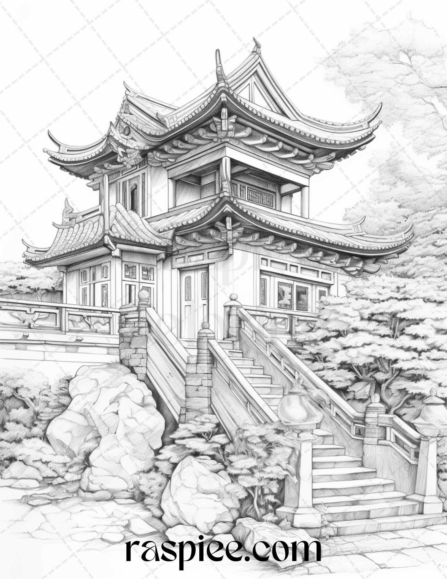 40 Traditional Chinese Houses Grayscale Coloring Pages Printable for Adults, PDF File Instant Download