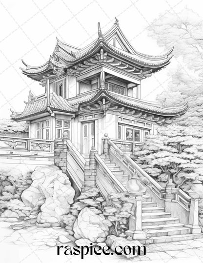 40 Traditional Chinese Houses Grayscale Coloring Pages Printable for Adults, PDF File Instant Download