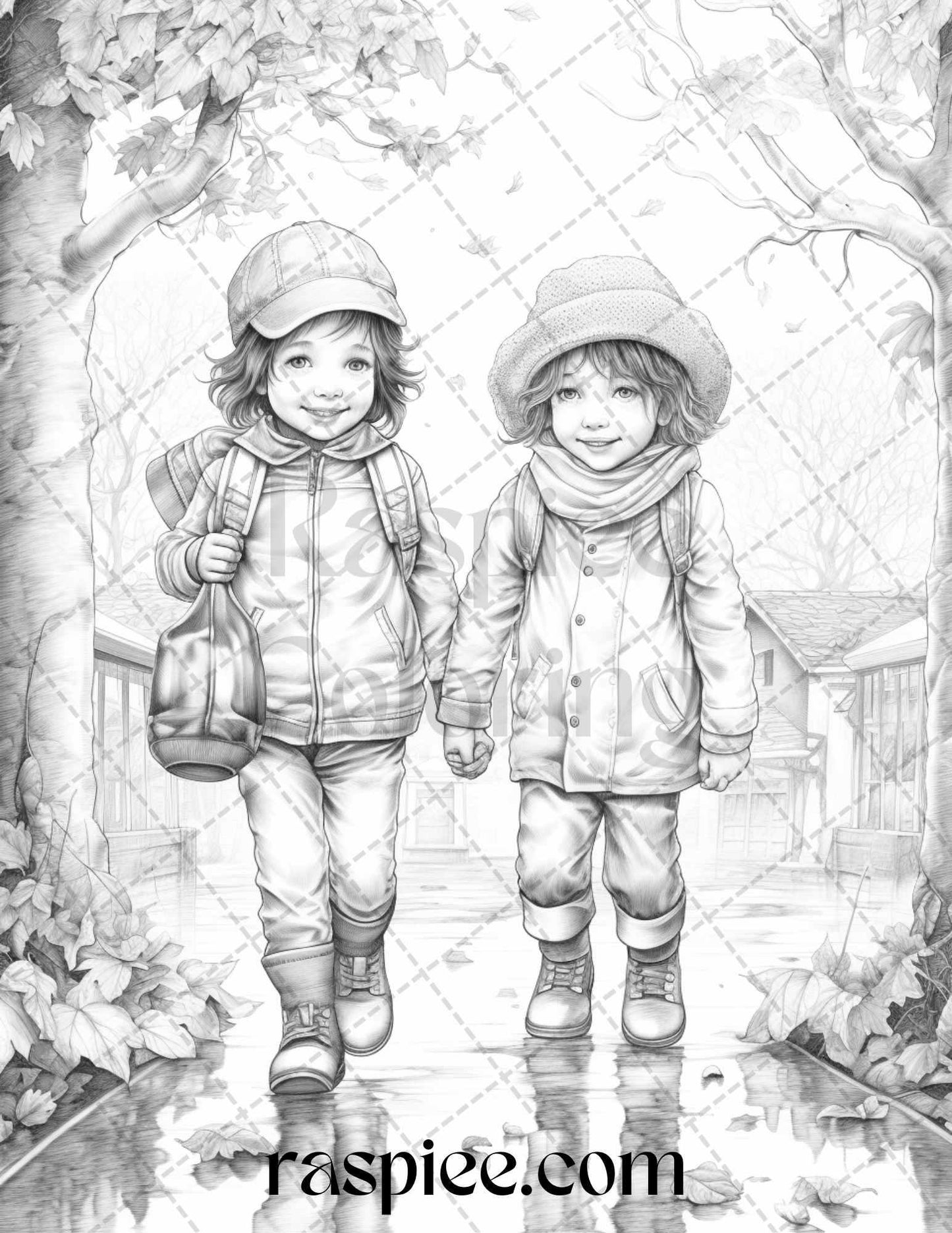 40 Rainy Autumn Day Grayscale Coloring Pages Printable for Adults and Kids, PDF File Instant Download