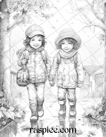 40 Rainy Autumn Day Grayscale Coloring Pages Printable for Adults and Kids, PDF File Instant Download