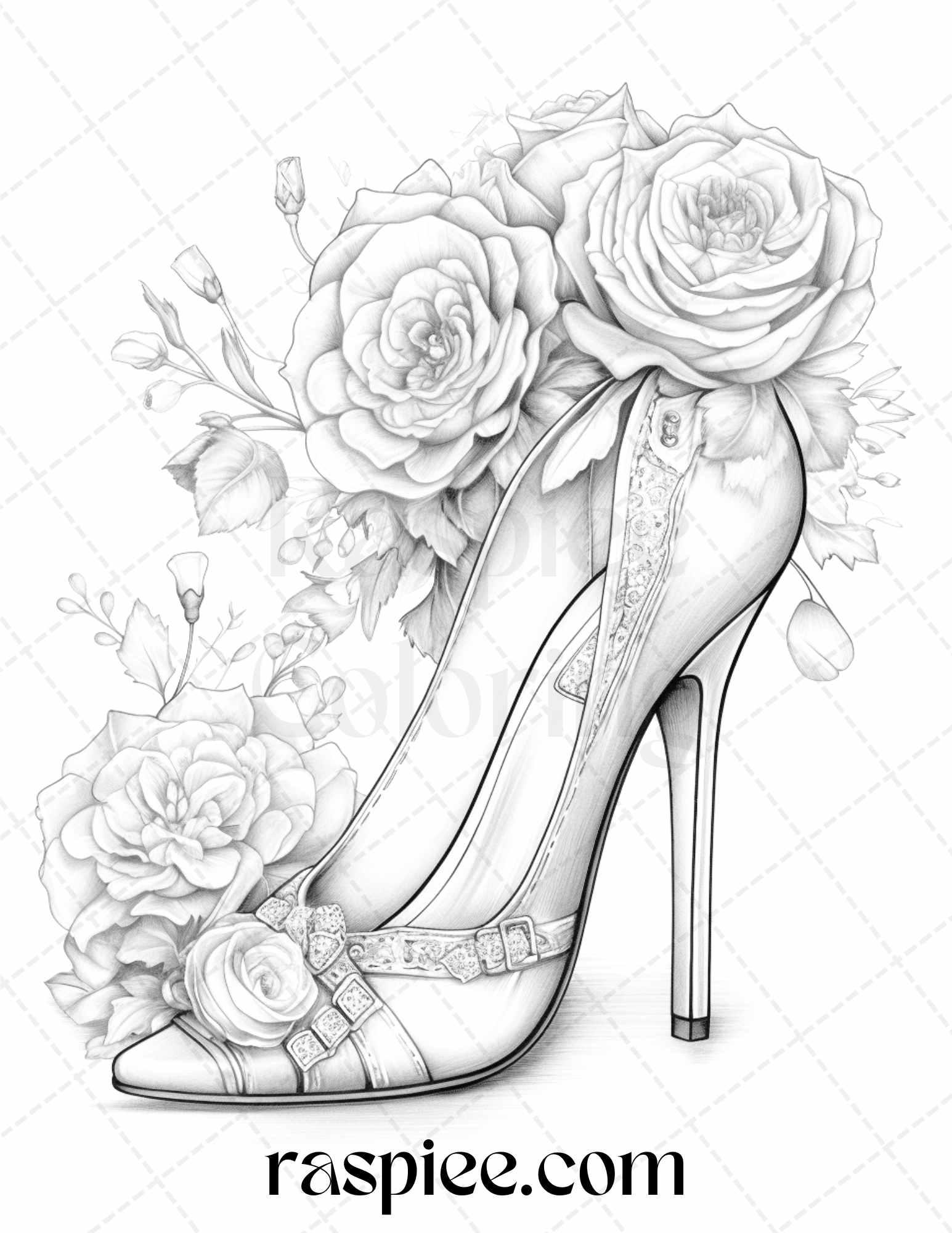 40 Flower Wedding Shoes Grayscale Coloring Pages Printable for Adults, PDF File Instant Download