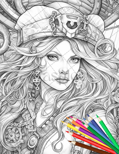 48 Beautiful Pirate Princess Coloring Book Printable for Adults, Grayscale Coloring Page, PDF File Instant Download