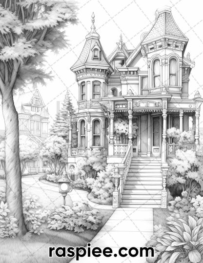 40 Victorian Mansions Grayscale Coloring Pages for Adults, Printable PDF Instant Download