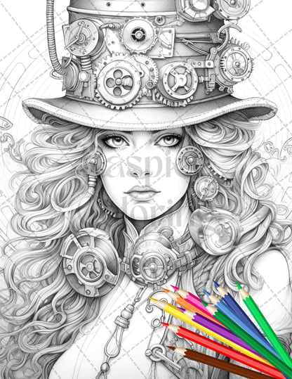 40 Steampunk Ladies Grayscale Coloring Pages Printable for Adults, PDF File Instant Download