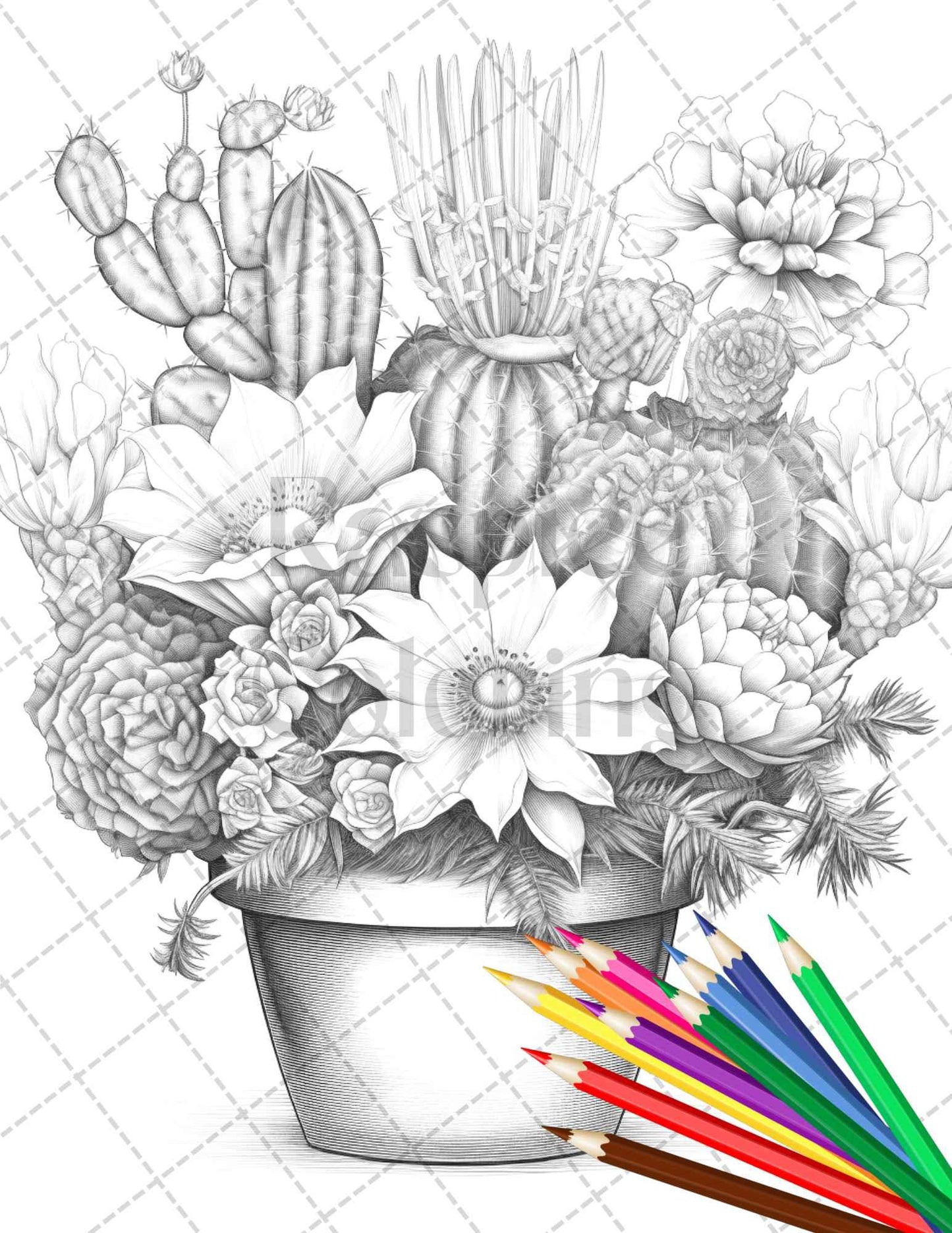 40 Charming Cactus Pots Grayscale Coloring Pages Printable for Adults, PDF File Instant Download