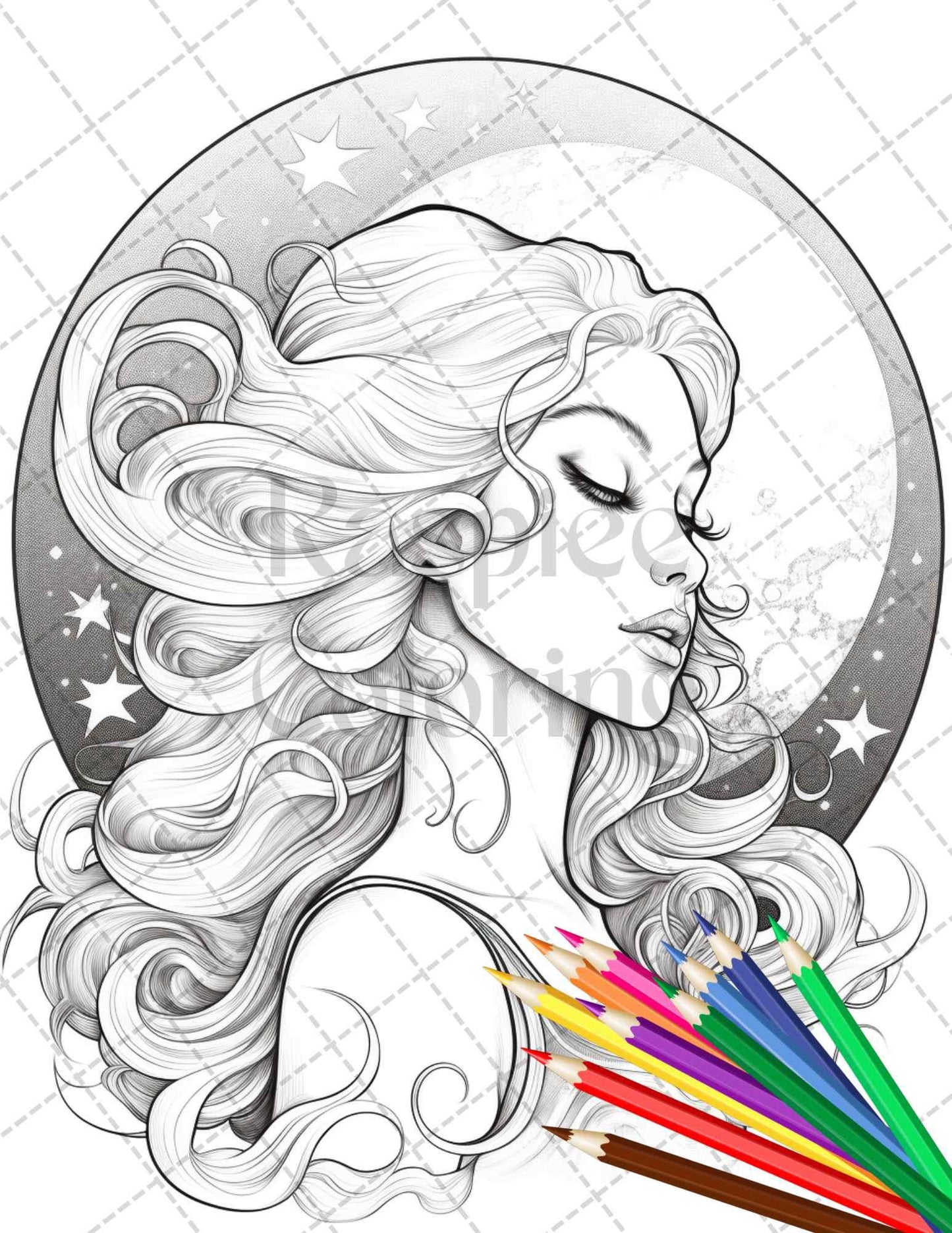 34 Beautiful Moon Fairies Grayscale Coloring Pages Printable for Adults, PDF File Instant Download