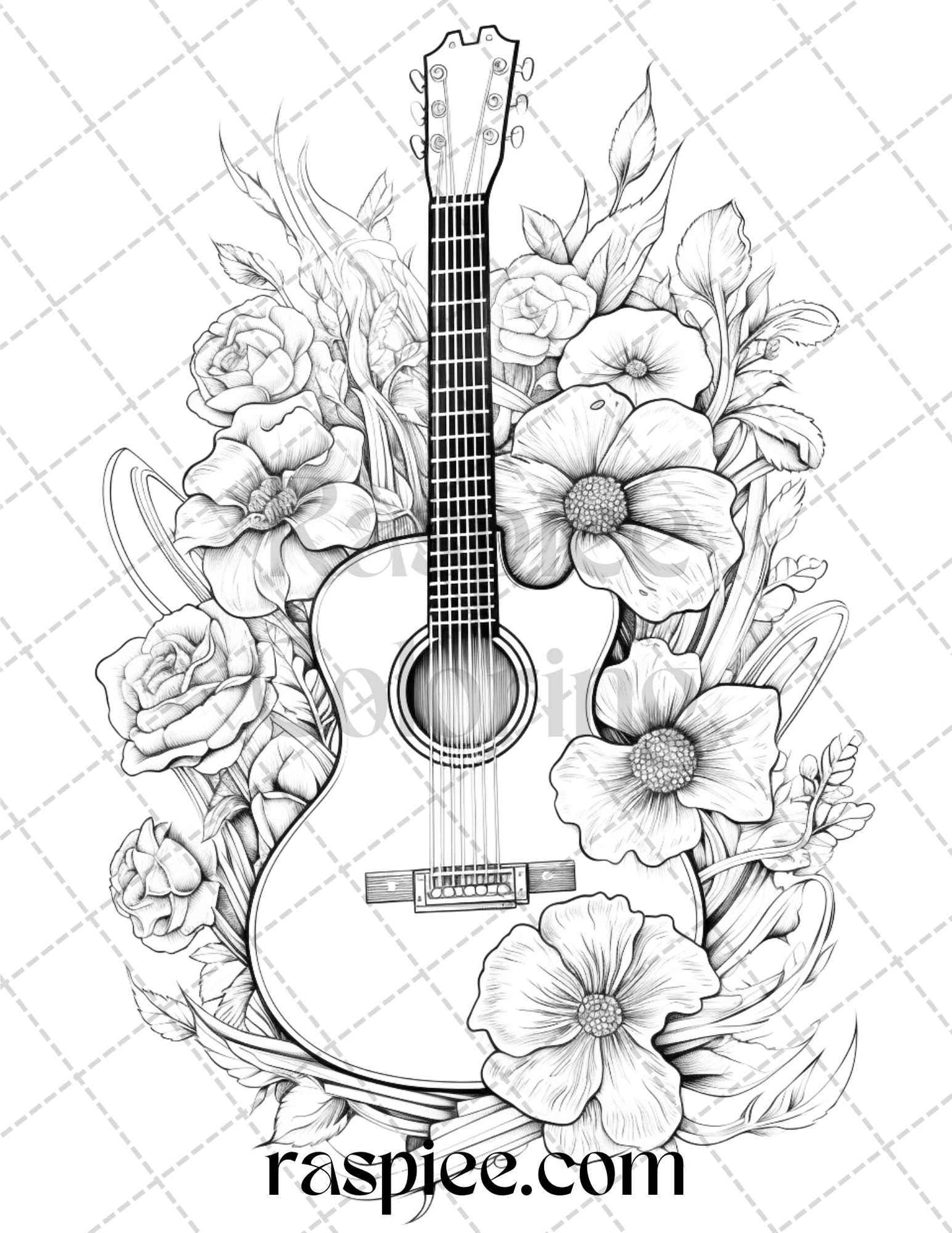 30 Musical Instrument Flower Grayscale Coloring Pages Printable for Adults, PDF File Instant Download