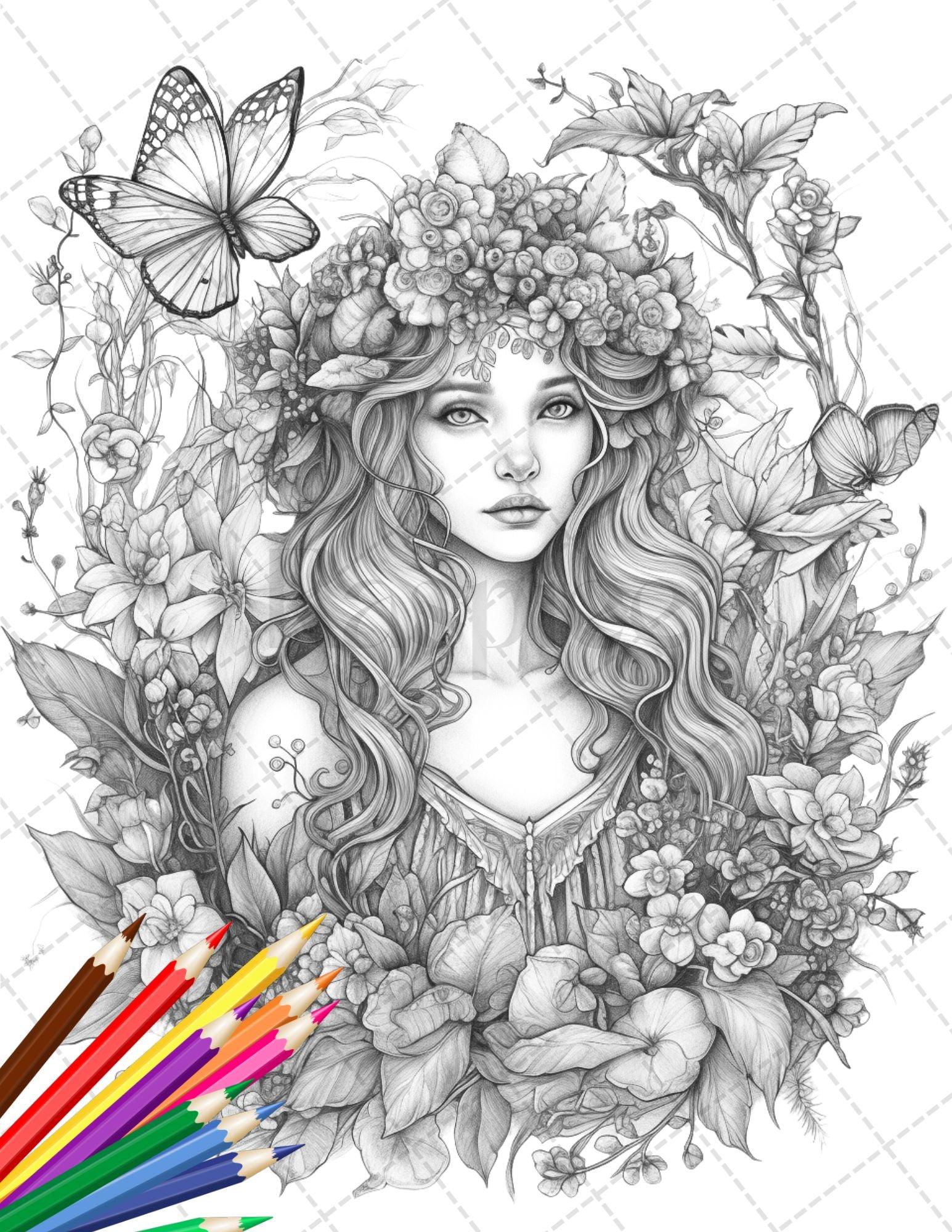 30 Beautiful Fairies Coloring Page Book for Adults, Flower Fairy Grayscale Coloring Book, Fairy Coloring Sheets, Printable PDF File Download