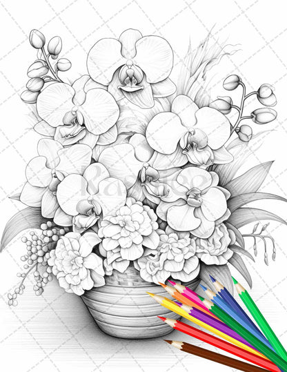 30 Flower Baskets Grayscale Coloring Pages for Adults, PDF File Instant Download